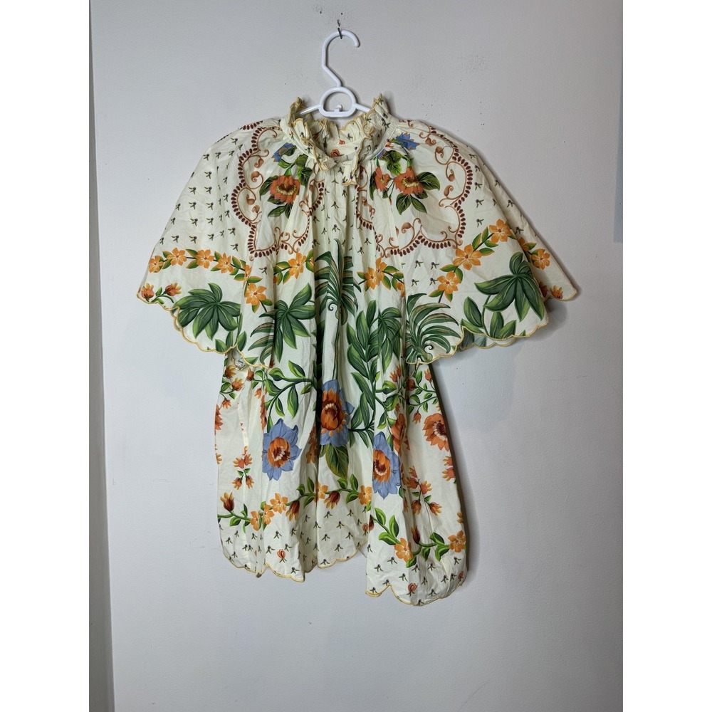 Farm Rio Blouse Womens XL White Floral High Neck Flutter Sleeve Anthropologie - Picture 2 of 12